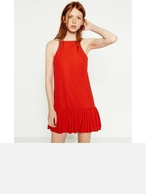 Zara Red Halter Ruffle-Hem Mini Dress